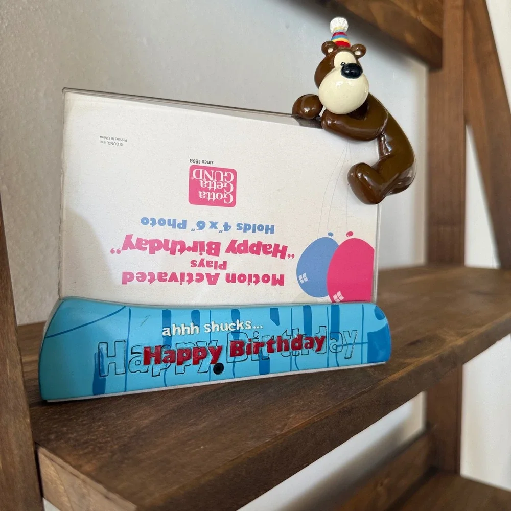 Vintage GUND Happy Birthday Bear 4x6 Photo Frame Party Hat Blue